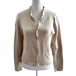 Eileen Fisher Tan Cropped Zip Up Cotton‎ Blend Stretch Cardigan Sweater Small